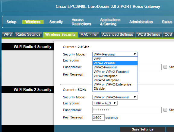 12b epc3940 WPA enable
